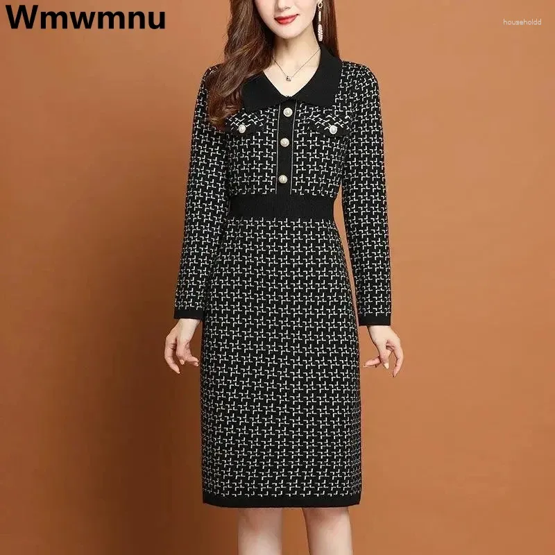 Casual Dresses Houndstooth Vintage Sticked Dress Slim Kne-Length Fall Winter Bottoming tröja Robe Fashion Knitwear Vestidos Mujer