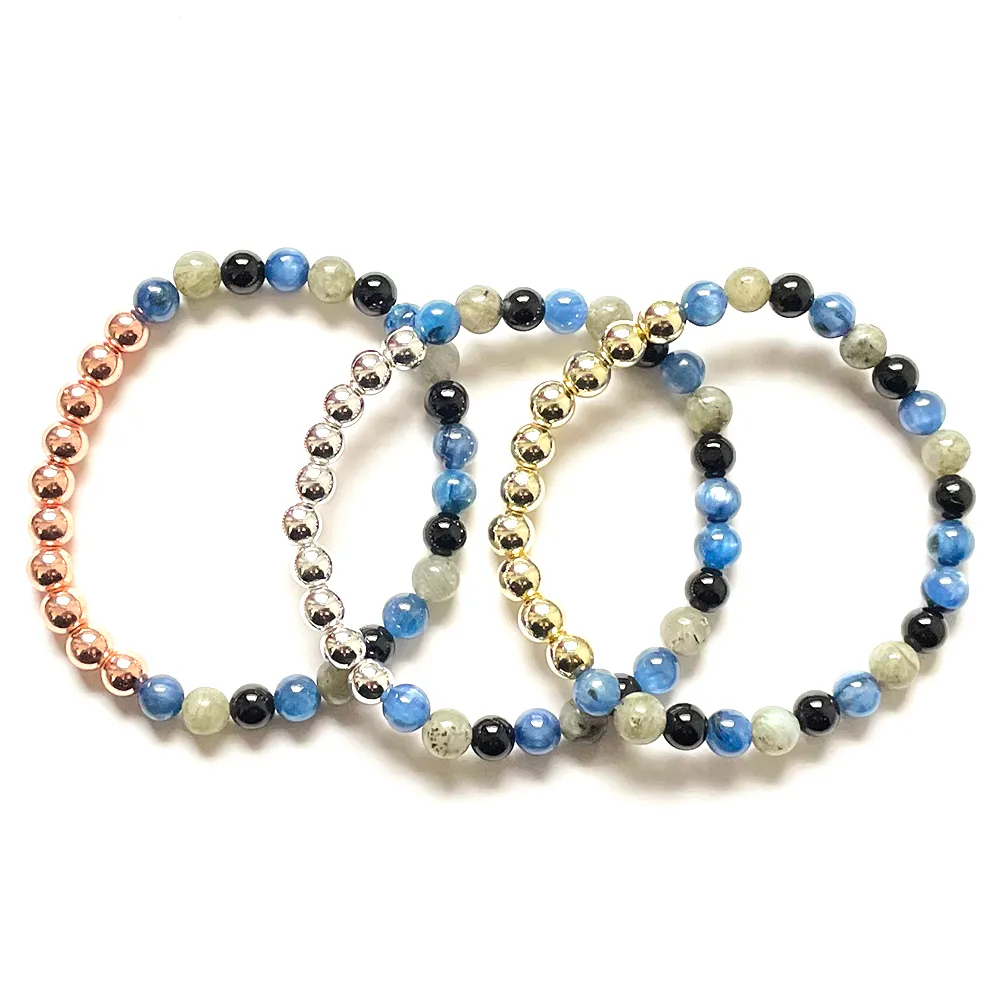 MG2045 New Design 6 MM Blue Kyanite Labradorite Black Tourmaline Mix Gemstone Bracelet Womens Cooper Beads Yoga Wrist Mala