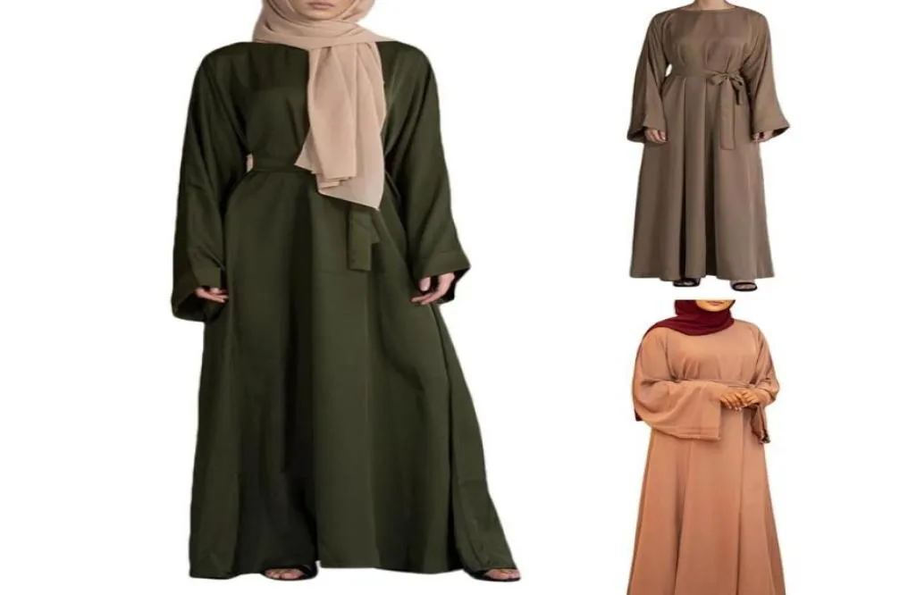 Vestidos casuais mulheres turquia árabe muçulmano eid abaya dubai maxi vestido flare manga longa cor sólida islâmico kaftan hijab gravata cintura ro8433676