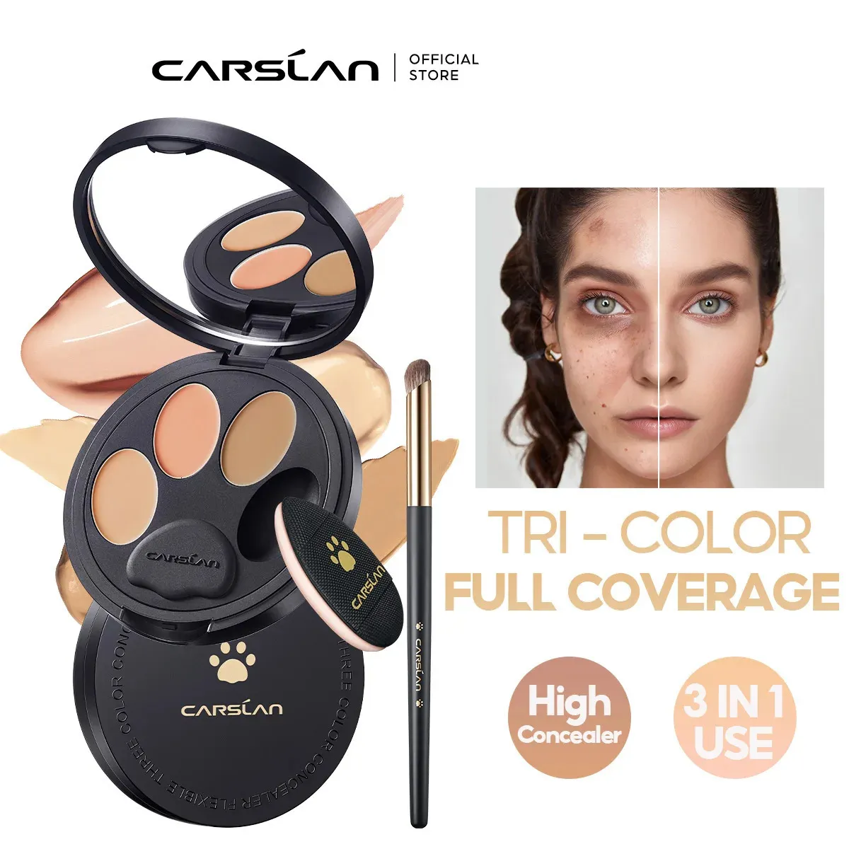 Carslan flxible tri-färg concealer full täckning döljer mörka cirklar korrigerande fuktgivande hög täckning makeup bas 240129