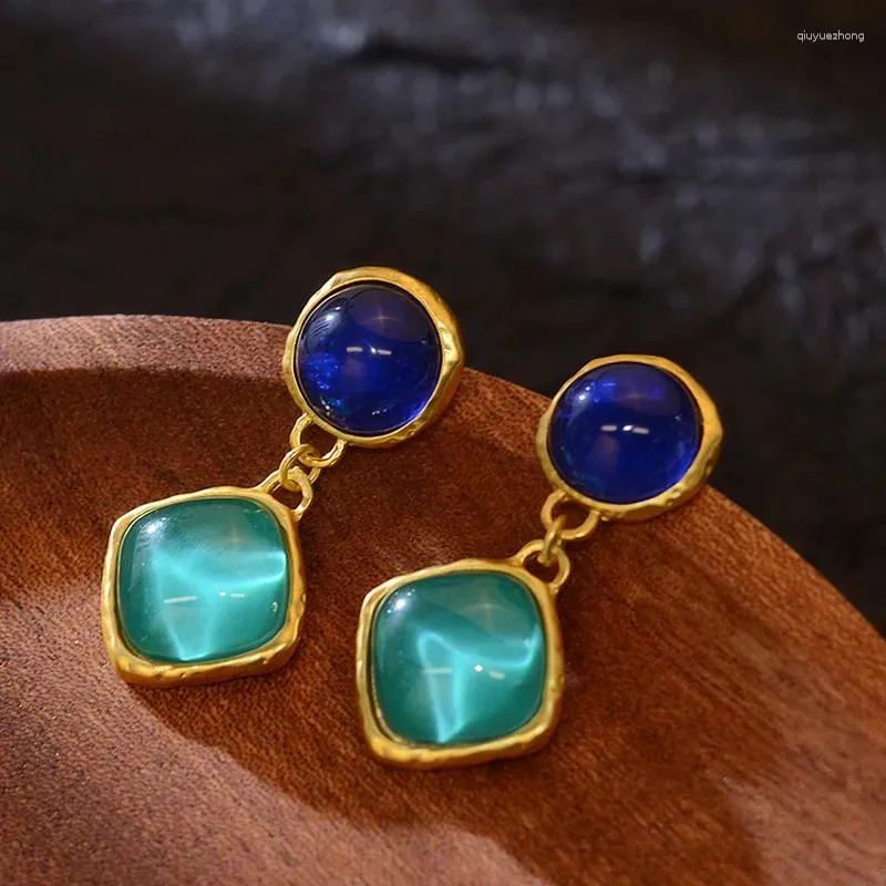 Boucles d'oreilles pendantes de haute qualité, série métallique vert bleu, goutte de résine géométrique pour femmes