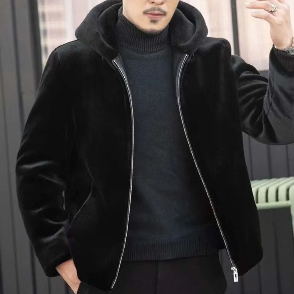 Pälsjacka Mens huva och integrerad hela Mink Cardigan förtjockad Vinterimitation Coat XM75