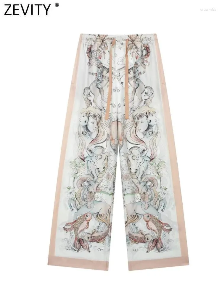 Women's Pants Zevity 2024 Kvinnor Vintage Court Totem Print Side Patchwork Straight Female Chic Elastic midjefickor Långa byxor P4187