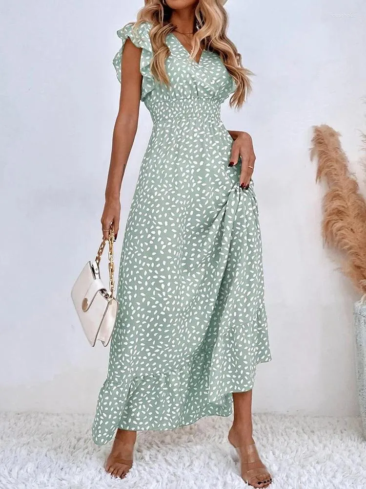 Casual Dresses Polka Dot Dress Women Summer V Neck Sleeveless High midja A-Line Long Boho Beach Sundress Chiffon Vestidos