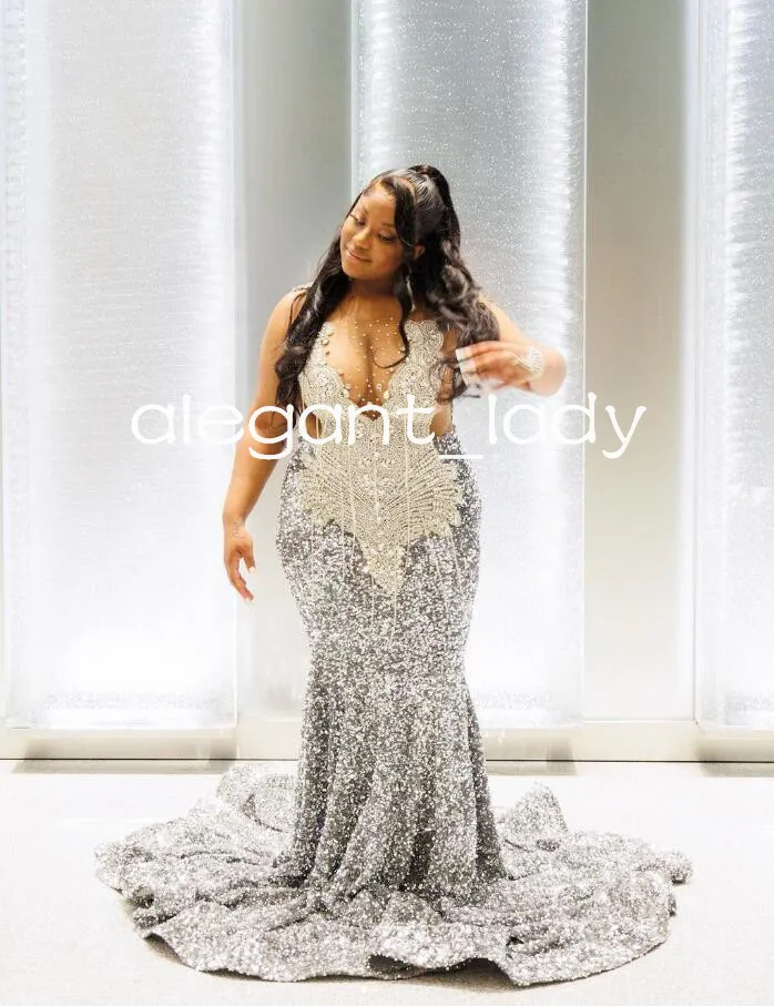 Robes d'anniversaire de soirée scintillantes en diamant argenté pour fille noire, robe de luxe en velours à paillettes de cristal, robe de cérémonie de bal, cocktail, 2024