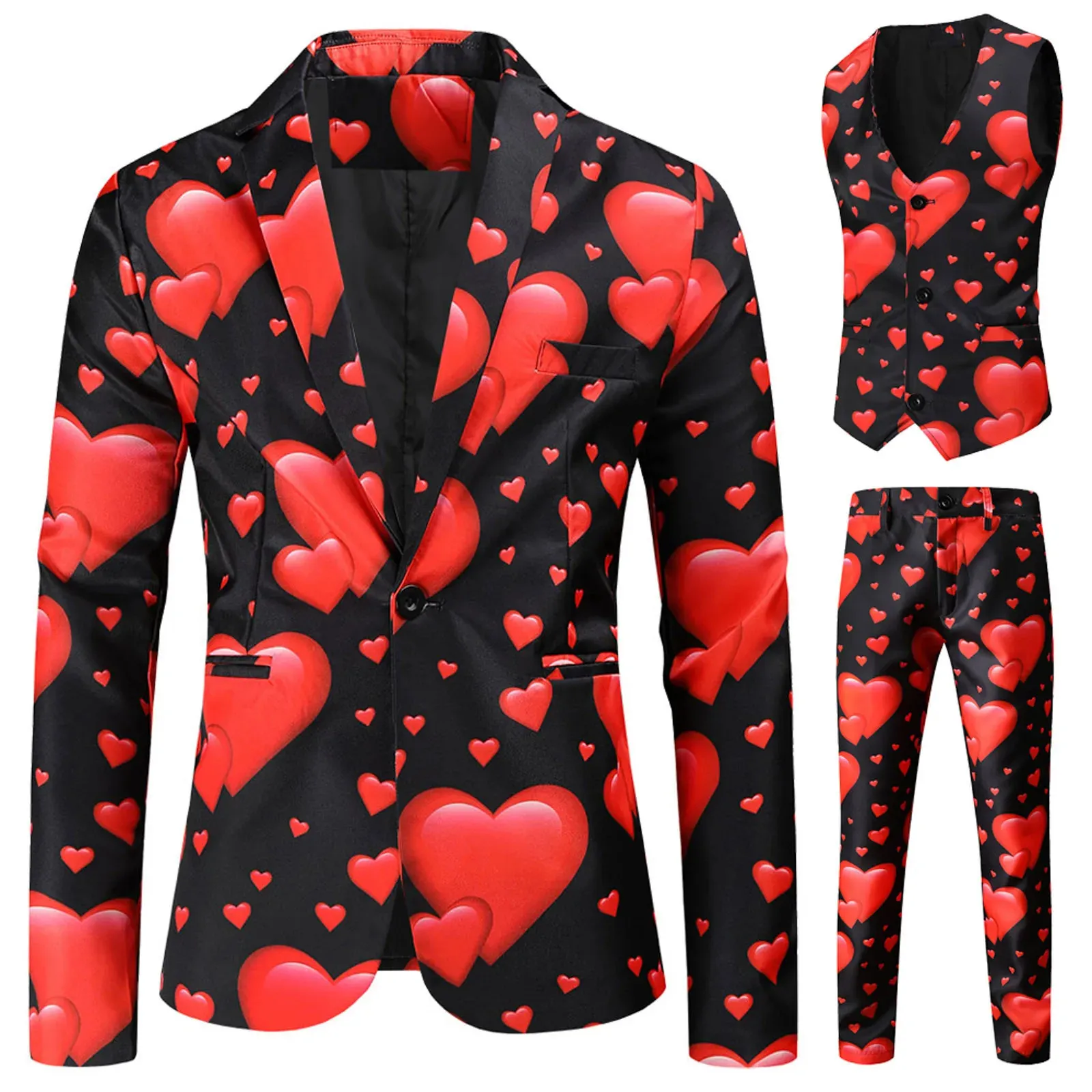 Valentine Men's Suits ThreePiece Set Printed Coat Vest Pants Suit Lovely Printed CoatVestPants Set Slim Fit Blazers Male 240123