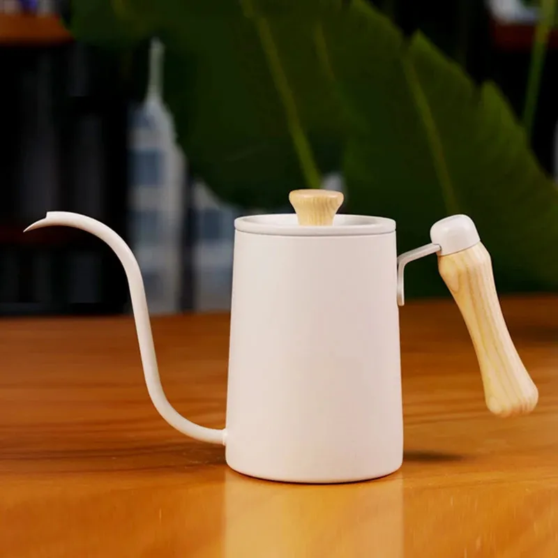 Bouilloire goutte à goutte 600ml, théière à café en acier inoxydable, antiadhésive, col de cygne, poignée en bois, cafetière 240130