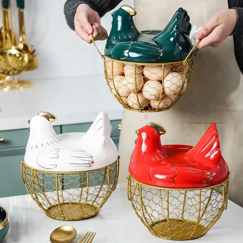 Chicken Shape Iron Egg Storage Box Household Creativite Basket Tray Fruit Container Refrigerator 240125