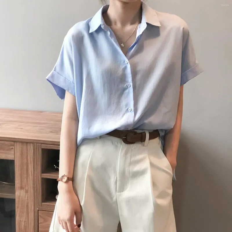 Women's Blouses Ladies Summer Linen Short Sleeve Shirt Women Collared Button Up Lapel Blue White Fashion Streetwear Thin Light Office Wear