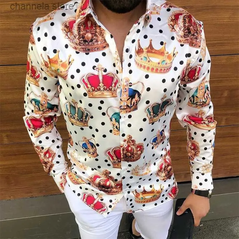 Mäns avslappnade skjortor Autumn Luxury Crown Printed Shirts For Men 2021 Ny Long Sleeve Slim Casual Shirts Streetwear Social Party Clothes Chemise Homme T240202