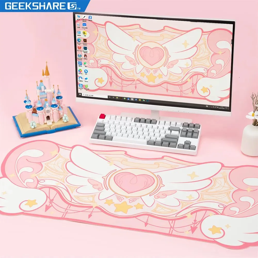 Geekshare Computer Gaming Mouse Pad Big Size 84*37cm Kawaii Pink Star Wings Desk Pad Office Table Mat Anti-slip Waterproof Mats 240131