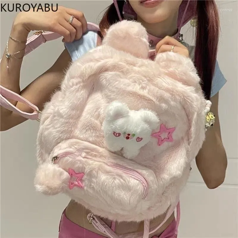 Sacs d'école Harajuku Y2k, sacs à dos pour femmes gothiques Lolita Punk rose en fourrure, sac en peluche automne hiver fourre-tout Mochila Mujer