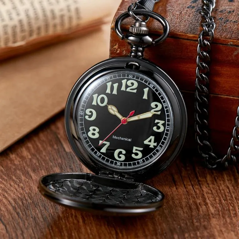 Relógios de bolso de luxo preto ouro relógio mecânico para homens mulheres suave vintage homem fob corrente pingente relógio coleção