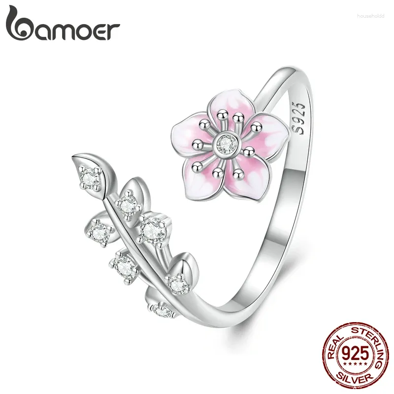 Cluster Rings Bamoer 925 Sterling Silver Pink Cherry Blossom Opening Ring Enamel Flower Adjustable For Women Pave Setting CZ Fine Jewelry