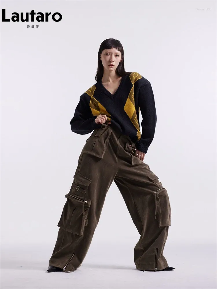 Women cargo pants with high waist loose fit loose fit wide leg pants denim  pants with side pockets, coffee : Amazon.com.be: Fashion