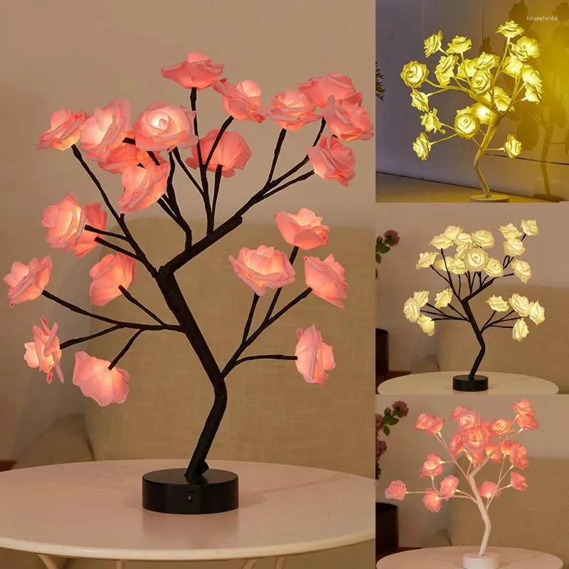 Luci notturne Lampada da tavolo a LED a batteria USB Fiore di rosa Albero bonsai Ghirlanda Decorazione della camera da letto Decorazioni per la casa di Natale