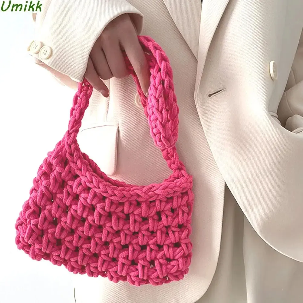 Handgefertigte Strickhandtaschen für Frauen, Baumwollseil-Einkaufstasche, Geldbörse, gehäkelt, kleine Hobo-Umhängetaschen, modische Einkaufstaschen, Clutch 240127