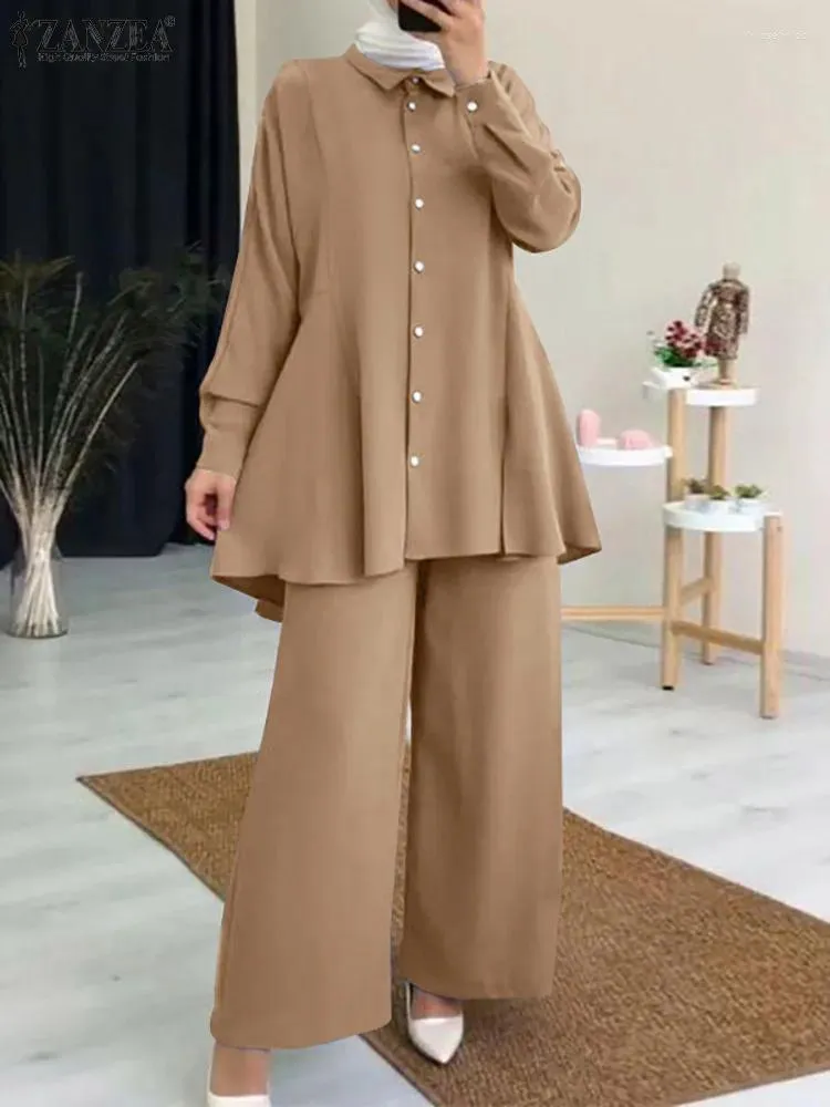 Ethnic Clothing 2PCS Autumn Abayas Hijab Tracksuit Sets ZANZEA Women Muslim Long Sleeve Turkish Blouses Pants Abaya Solid Islamic