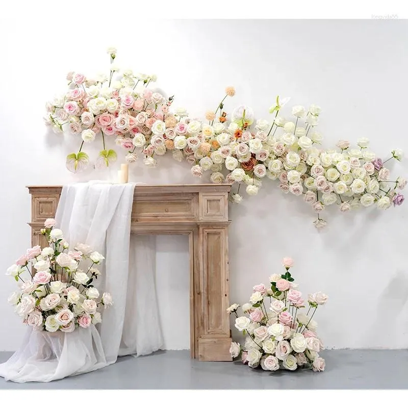 Flores decorativas rosa artificial 230 80cm decoração de casamento mesa peça central linha rosa branco corredor flor pano de fundo