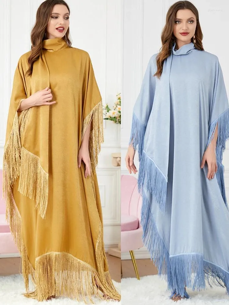 Etnik Giyim Ramazan Türkiye Müslüman Kadınlar Abaya Tassel Batwing Sleeve Partisi Elbise Beltili Kıyısı Gevşek Gevşek Düzensiz Hem Corn Robe Fas