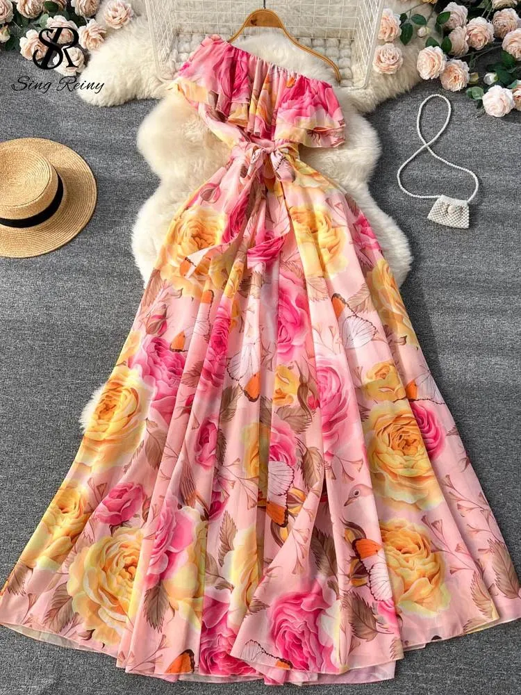 Casual Dresses Singreiny Floral Chiffon Long Dress Summer Off Shoulder Lace-Up Design Fashion Slim A-Line Women Böhmen Holiday Beach