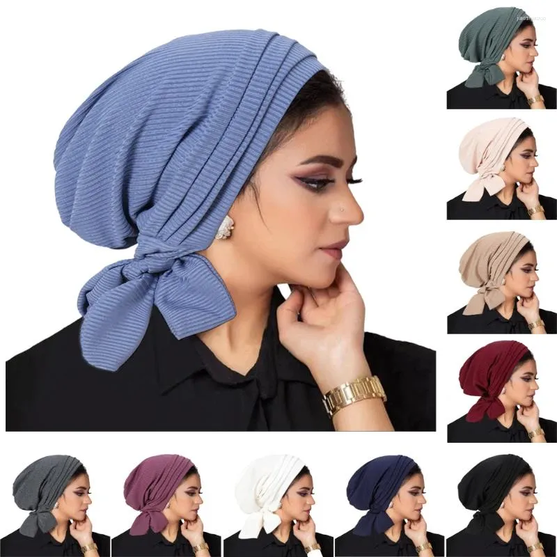 Ropa étnica Mujeres Musulmanas Plisadas Hijab Gorros Cáncer Pérdida de cabello Sombrero Islam Pre-atado Chemo Cap Bonnet Headwrap Head Bufanda Sombreros de cola larga