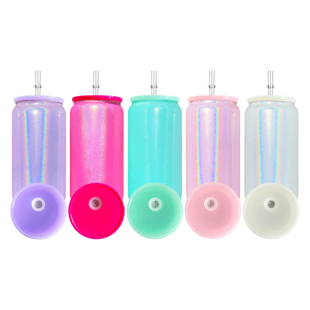 USA magazijn RTS 16oz blanco sublimatie regenboog Shimmer bier frisdrank Glazen blikje buiten reizen koffiekopjes met plastic deksel en rietje voor UV-wraps, stickers en vinyl