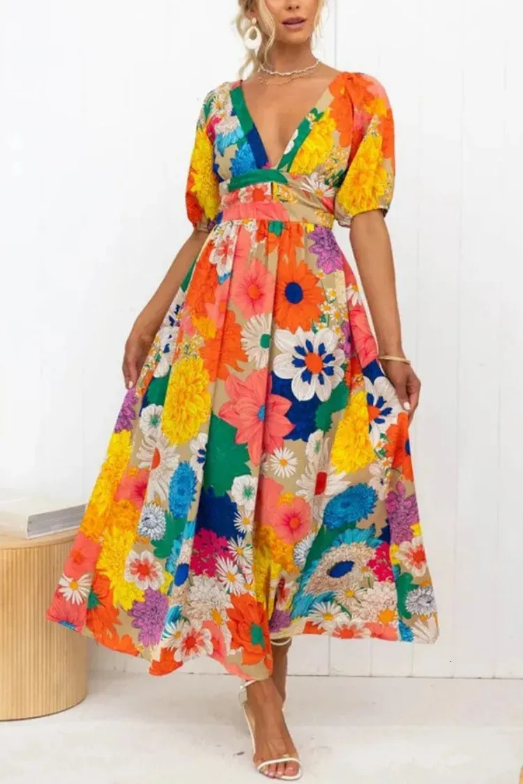 Bohemian Flower Print Holiday Maxi Dresses For Women Sexig Deep Vneck Puff Short Hidees Casual Beach Aline Long Dress Vestidos 240124