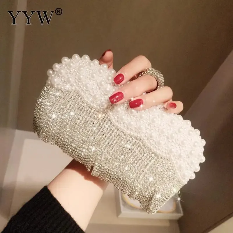 Weiße Perlenring-Clutch-Taschen für Damen, Strass-Quasten-Clutch, Geldbörse, Hochzeit, Sac A Main, Femme, Luxus-Party-Taschen, Beutel 240125