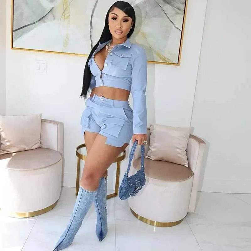 Women's Streetwear Cargo Short Set Trendy Piece Outfit with Pockets,  Single-Breasted Crop Top Shorts Wholesale Available