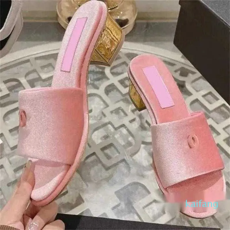 Womens Chunky Heels Sandals Slip On Slippers Designer Sheepskin Cloth Slides Mules Outdoor