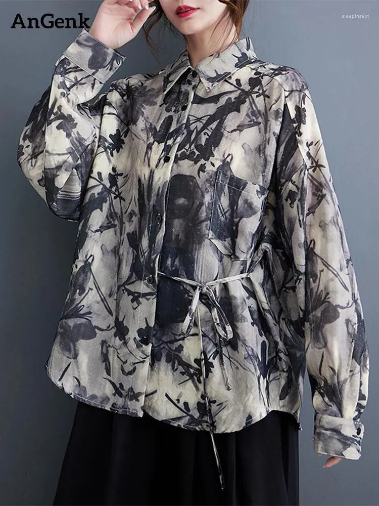 Женские блузки 2024, весна-осень, негабаритная рубашка с винтажным принтом, женская свободная повседневная блузка с длинным рукавом, верхняя модная одежда