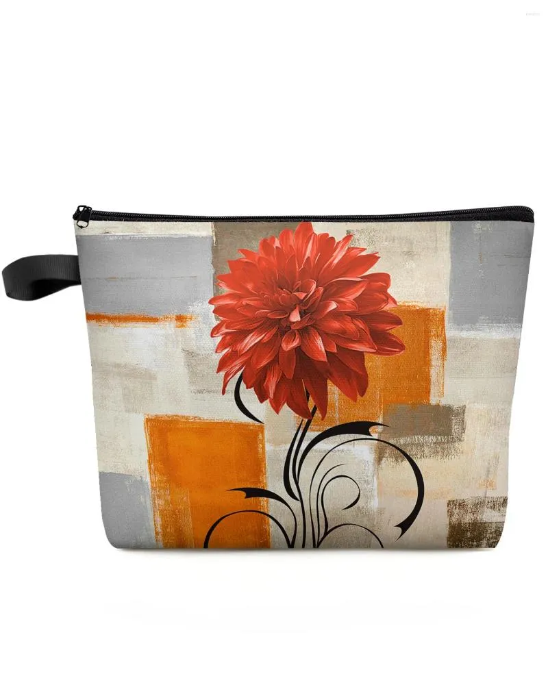 Cosmetic Bags Dahlia Oil Painting Abstract Texture Plant Flower Orange Makeup Bag Pouch Women Organizer Storage Pencil Case