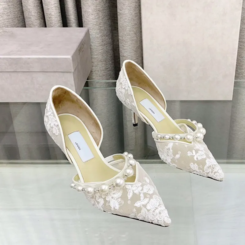 Dress Pearl Lace Bridal Sexy Pumps Hollow Out Designer Pump Women Luxury Sandals Slips on Pointed Toe Stiletto Heel Top Quality Elegant Female Wedding Party Shoes