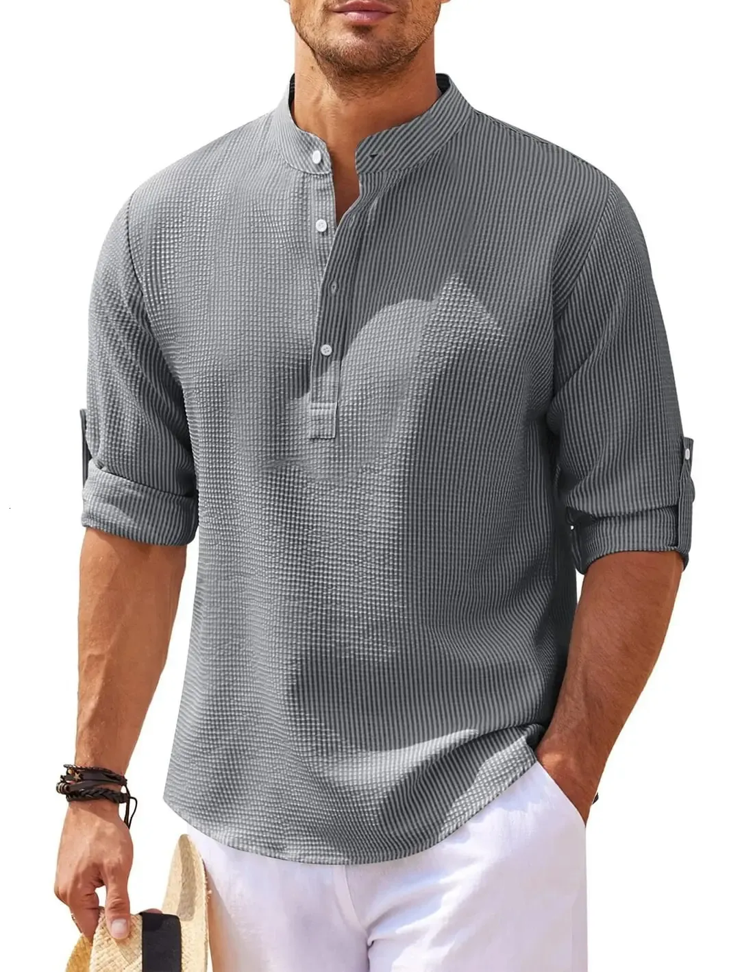 Printemps et automne chemise pour hommes à manches longues col montant bouton ouvert ananas Plaid gaufre chemise décontracté petit haut 240122