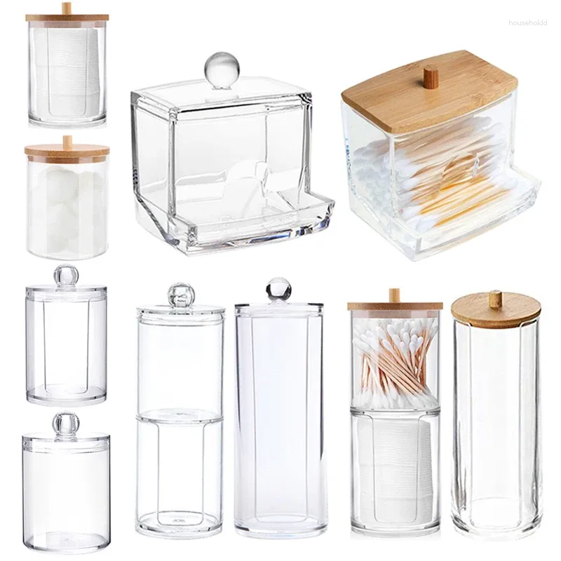 Boîtes de rangement Boîte acrylique Boîte de salle de bain Organisateur de maquillage Coton Support rond pour tampons Écouvillon Qtip Distributeur avec couvercle en bambou