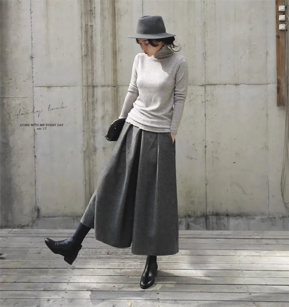 Wide Leg Pants Skirt: Womens Wool Blend Pleated Casual Trousers