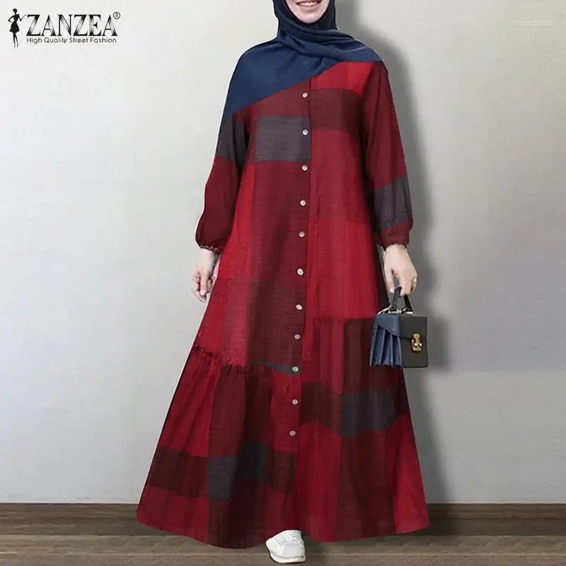 Ubranie etniczne Zanzea Kobiety Vintage muzułmańska sukienka 2024 Spring Print Maxi Vestidos Casual Botton Buttom Sundress Long Sleeve Abaya Oversize