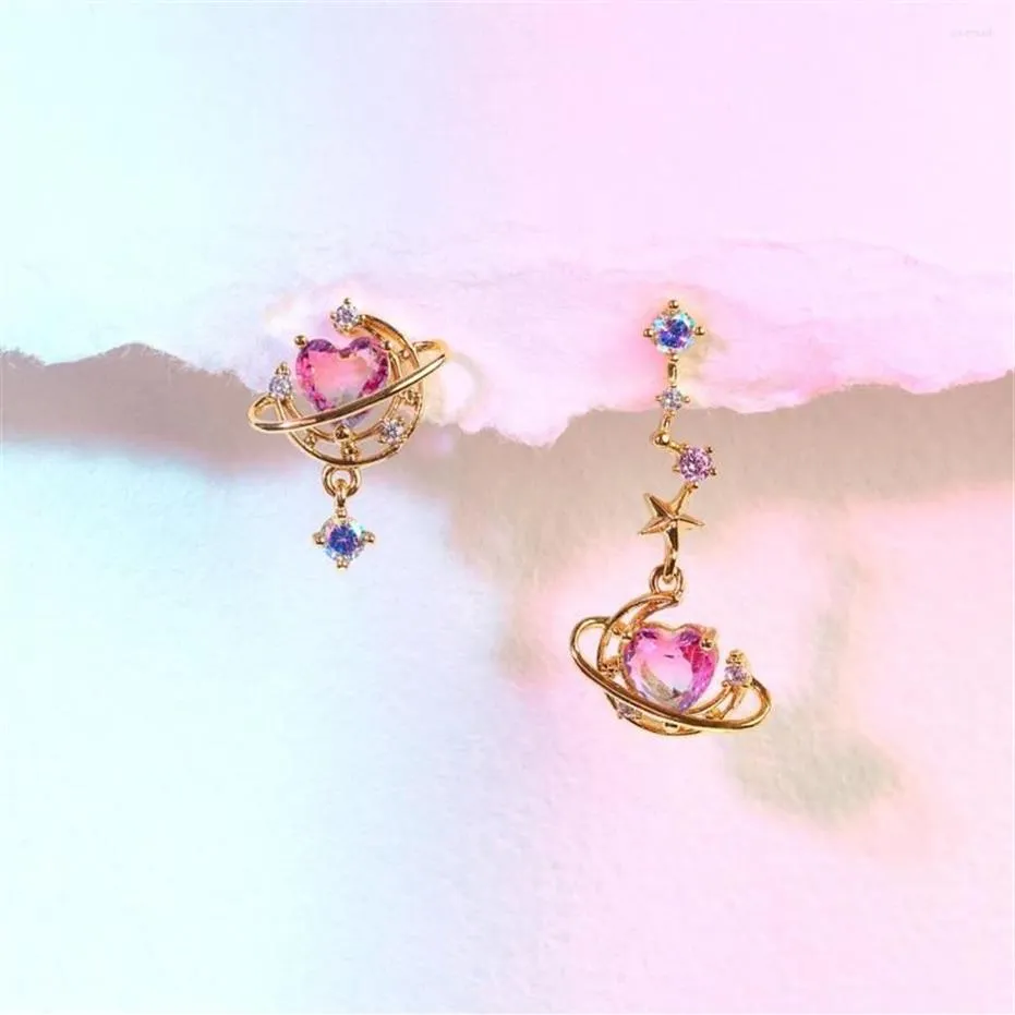 Brincos pendurados 2023 assimétrico lua coração brinco para mulheres bonito banhado a ouro rosa zircão parafuso prisioneiro moda estética jóias gift301e