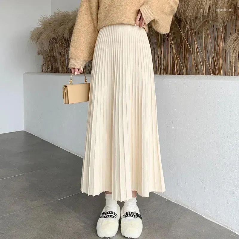 Skirts 2024 Autumn Winter Pleated Skirt Women Elastic High Waist Knitted Woman Elegant Solid Color A Line Long H959