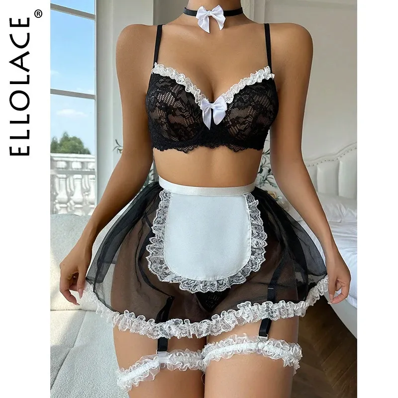 Ellolace empregada lingerie sexy roupas eróticas fantasia laço bowknot sutiã kit push up sheer malha saia ver através sissy íntimo 240127