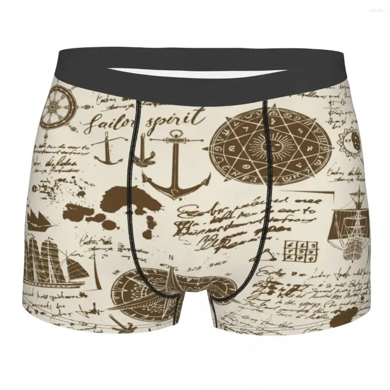 Underbyxor boxare män shorts underkläder manligt gammalt manuskript med husvagn vind rose ankare boxershorts trosor man sexig