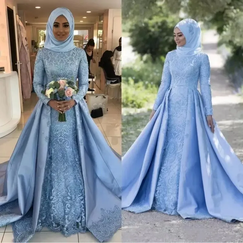 Charmante A-Linie Muslimische Brautkleider mit langen Ärmeln und 3D-Blumenapplikationen, abnehmbarer Rock, Partykleider, bescheidene Vestidos de Mariage