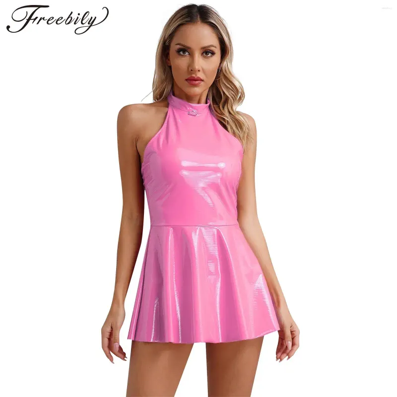 Robes décontractées Femmes Wetlook Robe en cuir verni sans manches Sexy Halter Minidress Discothèque Party Pole Dancing Performance Dancewear