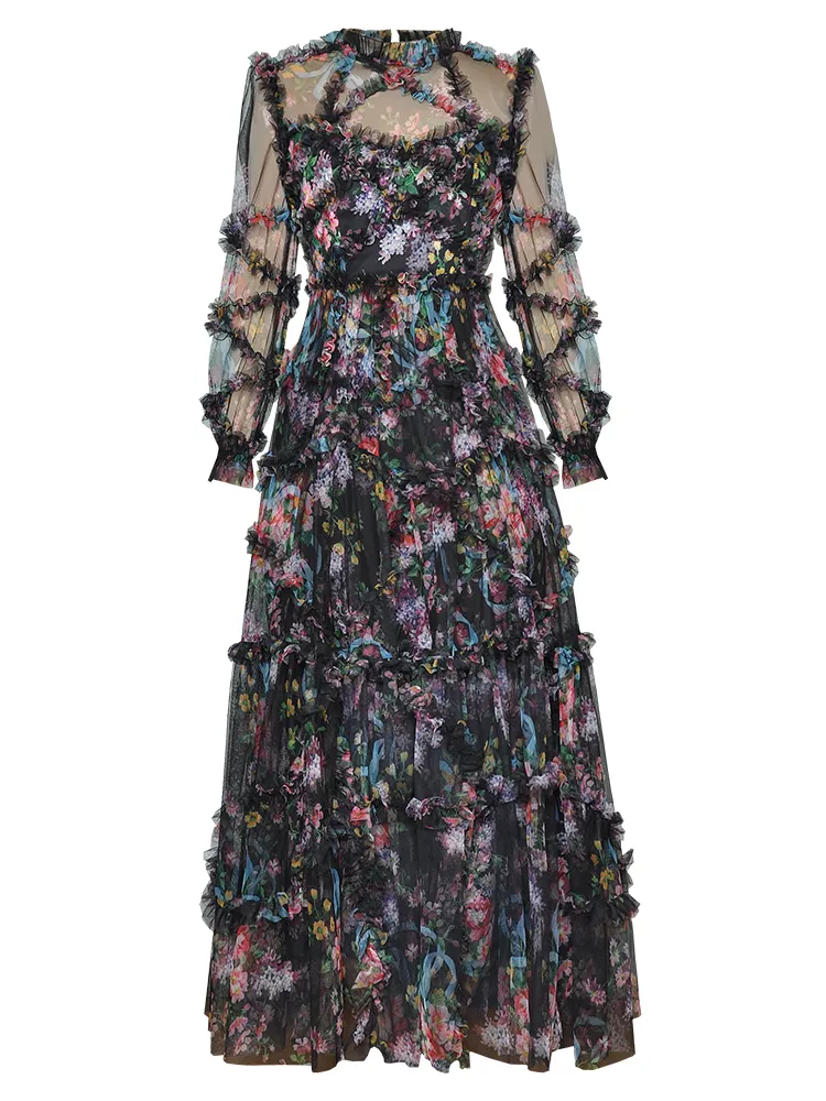 needle and thread floral diamond chiffon dress Needle & Thread Floral Diamond Ruffle Tulle Gown Maxi Topaz Pink NEW with  tags
