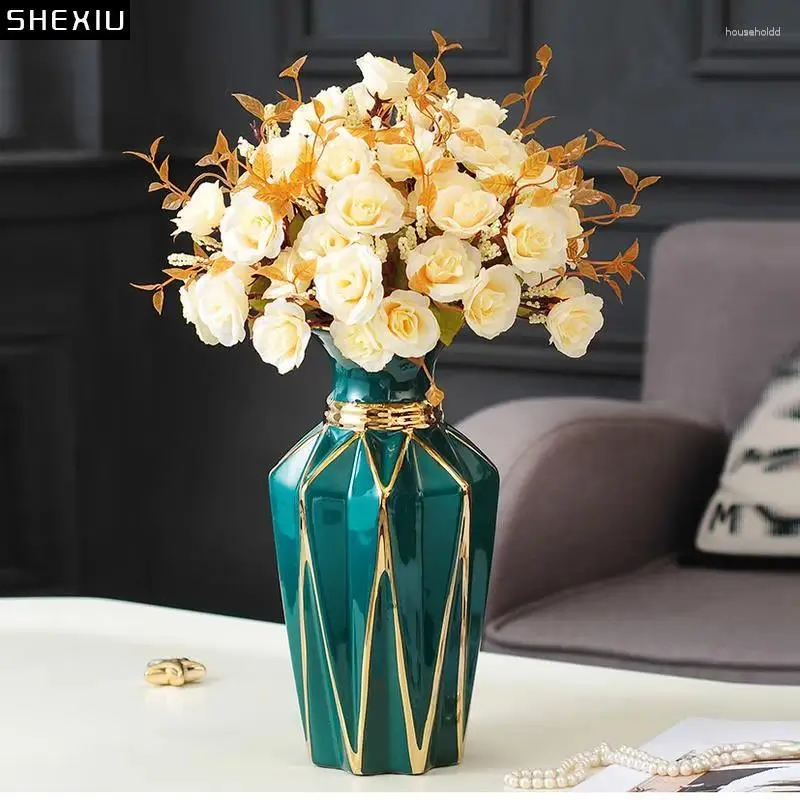 Vases European Dark Green Ceramic Vase Electroplating Golden Living Room Porch Flower Arrangement Crafts Home Decoration