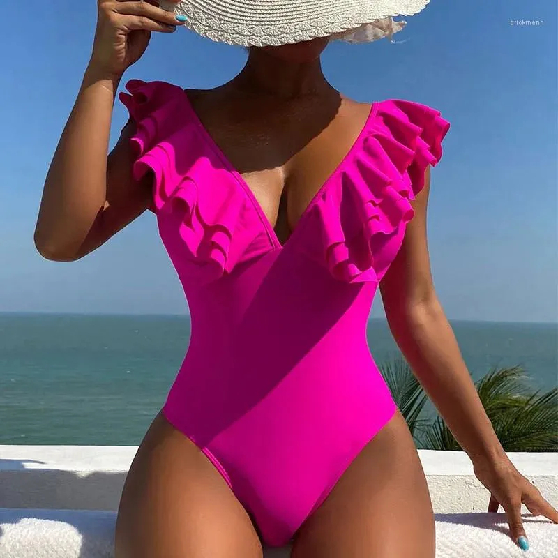 Damska odzież kąpielowa seksowna róża Rose Ruffled One Piece Swimsuit Kobiet V Neck Kobieta Monokini Bather Kąpiel Brazylijska pływanie na plaży