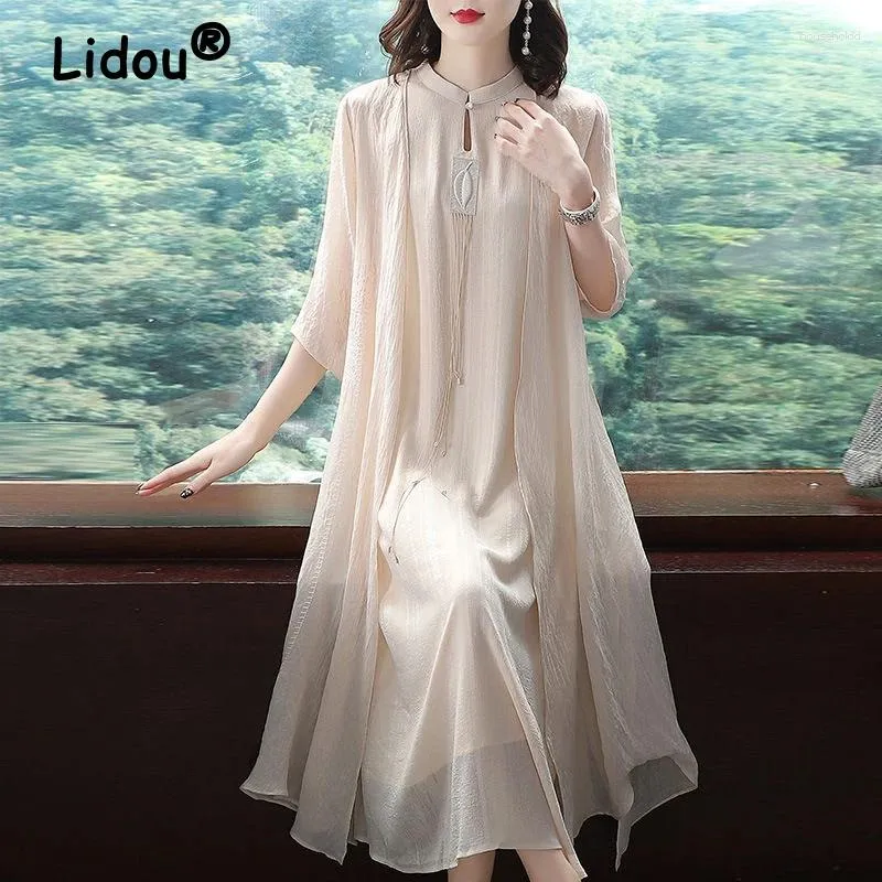 Work Dresses Two Piece Set For Women Retro Embroidery Chinese Style Elegant Party 3/4 Sleeve White Loose Fairy Midi Dress Robe Outfit