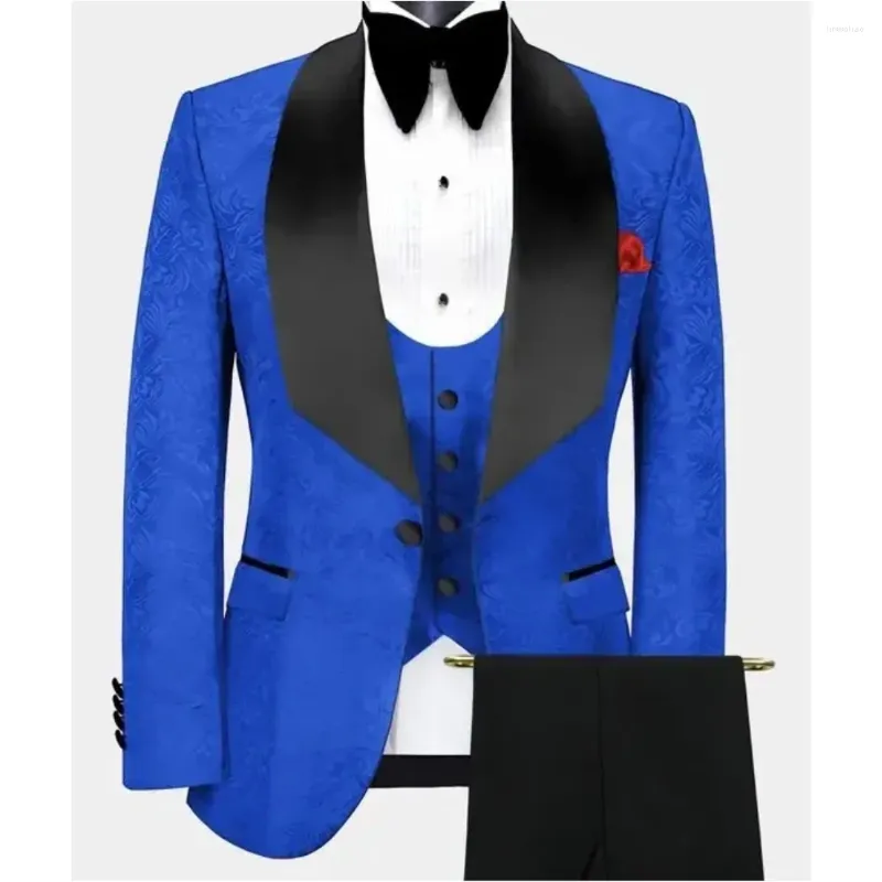 Herrdräkter kungblå jacquard män prom kostym bröllop tuxedo blommig svart sjal lapel brudgum 3 stycken jacka byxväst