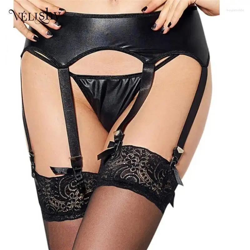 Garters Womens Black Faux Latex Garter Belt Belt Set مع ملهى داخلي بالإضافة إلى Sizem/XXL